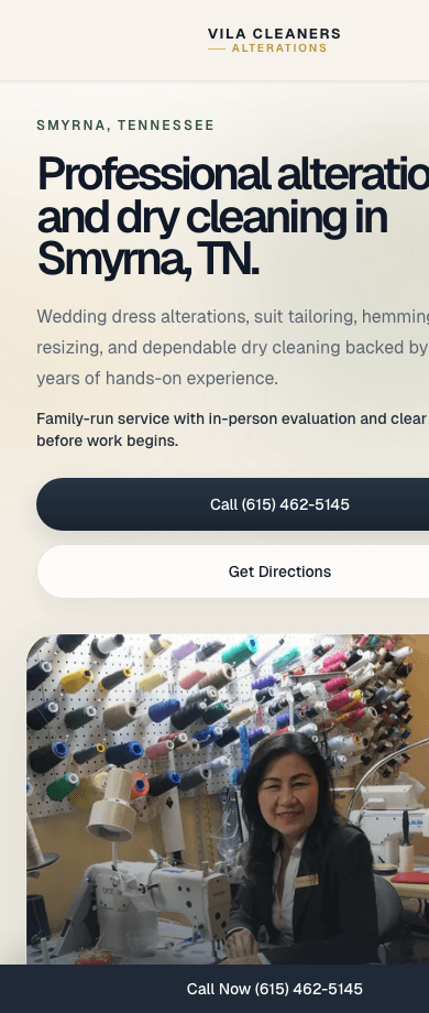 Mobile view of the Vila Cleaners and Alterations website